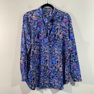 C Wonder Women Blue Floral V-neck Tie Neck Button Up Blouse Size 18W